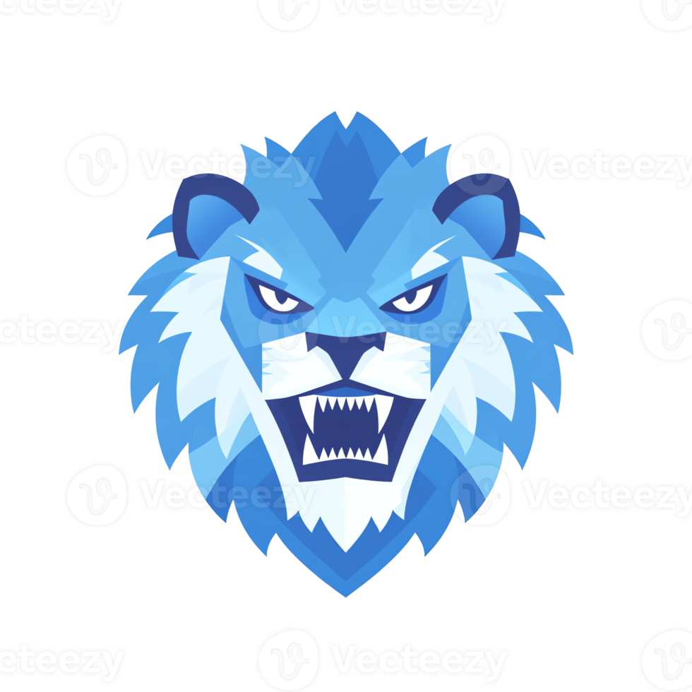 Ice blue lion head roaring fiercely a geometric design on transparent background png