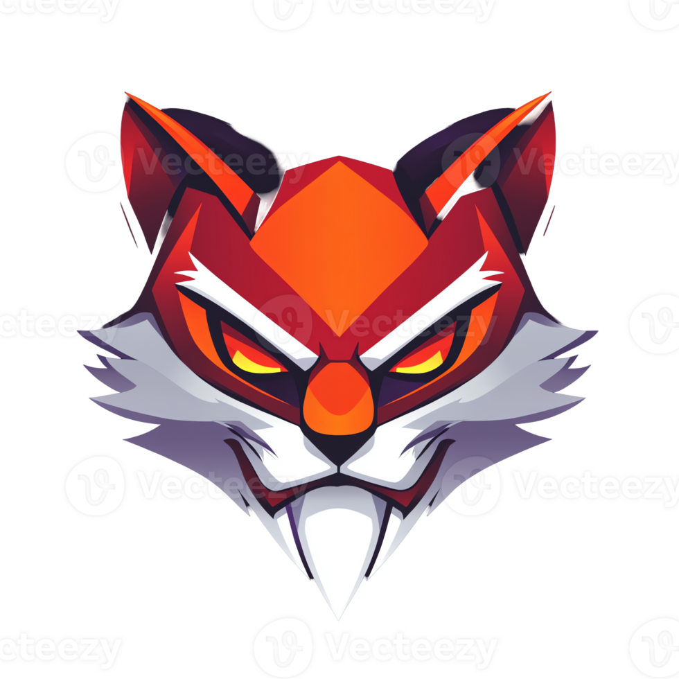 Stylized fox head illustration with intricate details and striking colors on transparent background png