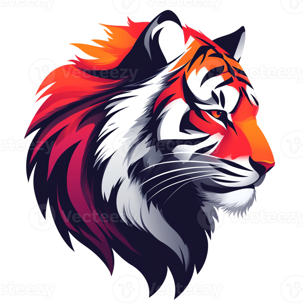 Stylized tiger head illustration with vibrant colors and modern design on transparent background png