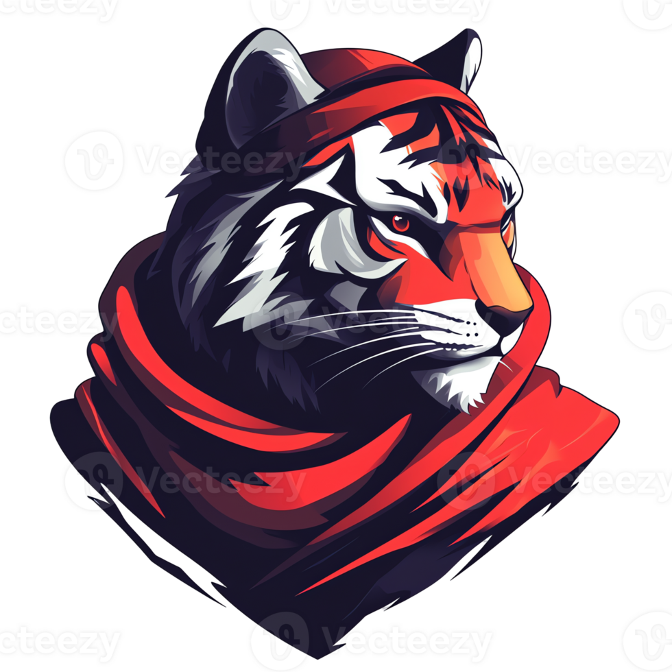 Fierce tiger wearing a red scarf on transparent background a powerful and stylish digital artwork png