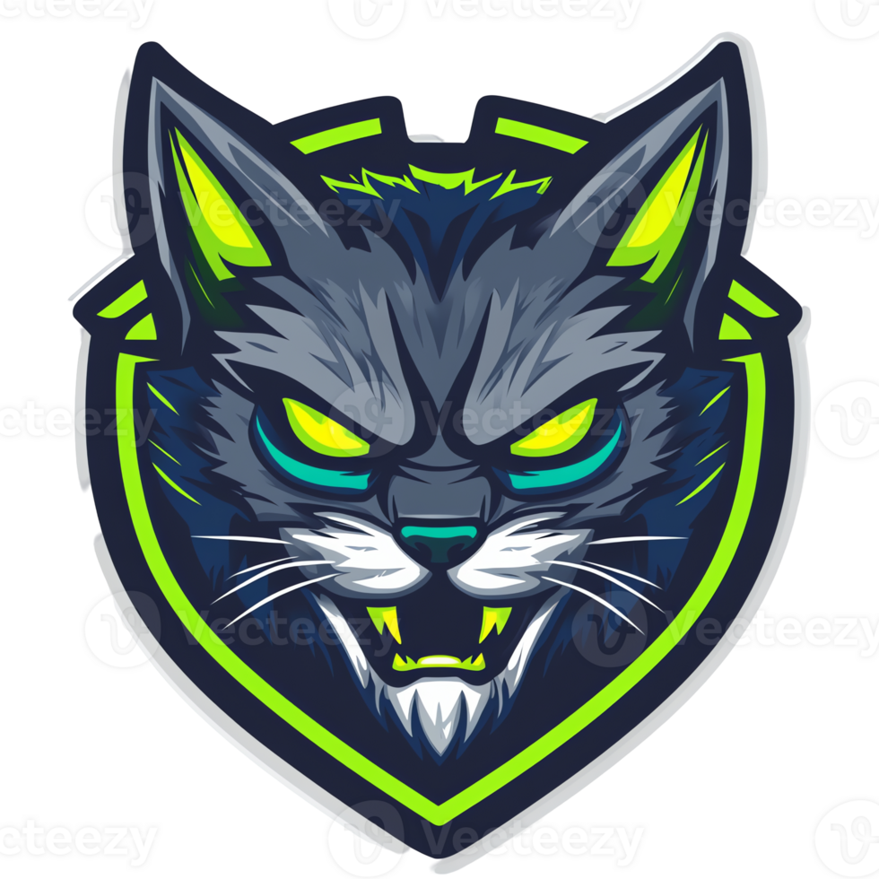 Fierce cybernetic cat mascot logo a striking emblem for esports and gaming teams on transparent background png