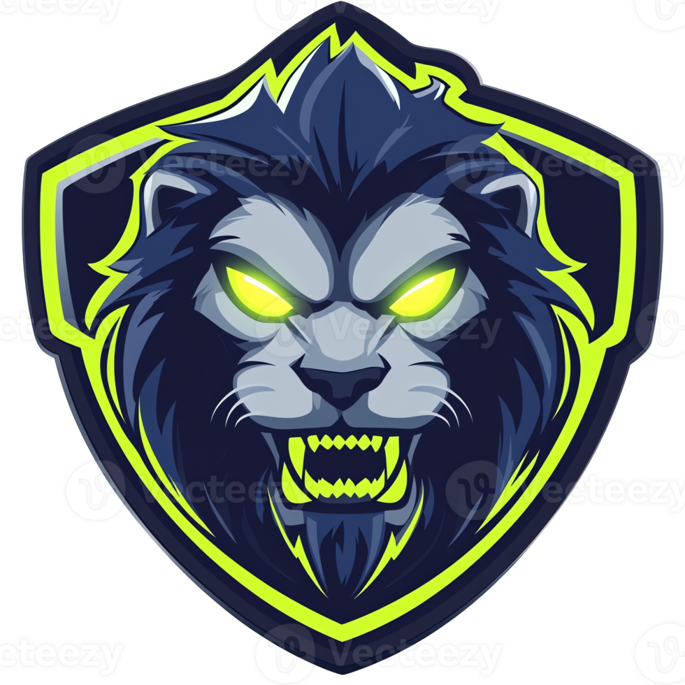 Fierce blue lion head emblem with glowing eyes on transparent background in cartoon style png