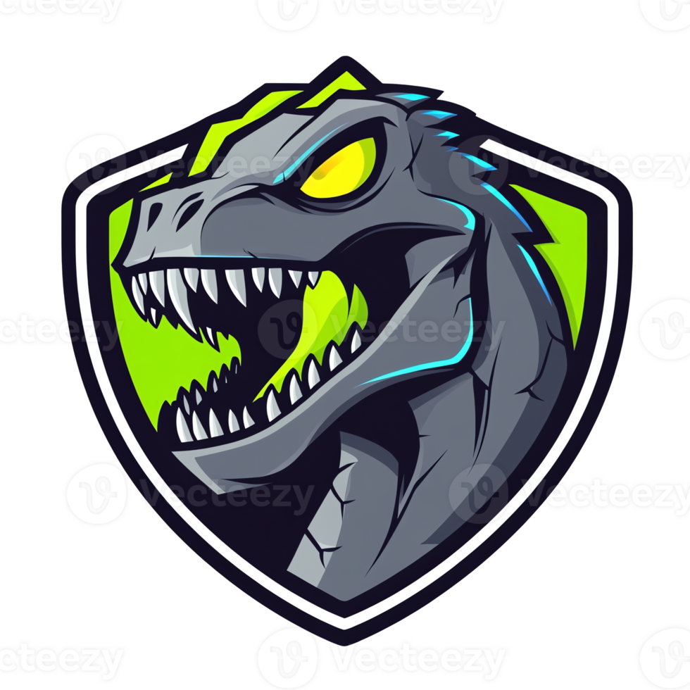 Gray dinosaur shield icon with yellow eyes on transparent background mascot logo png
