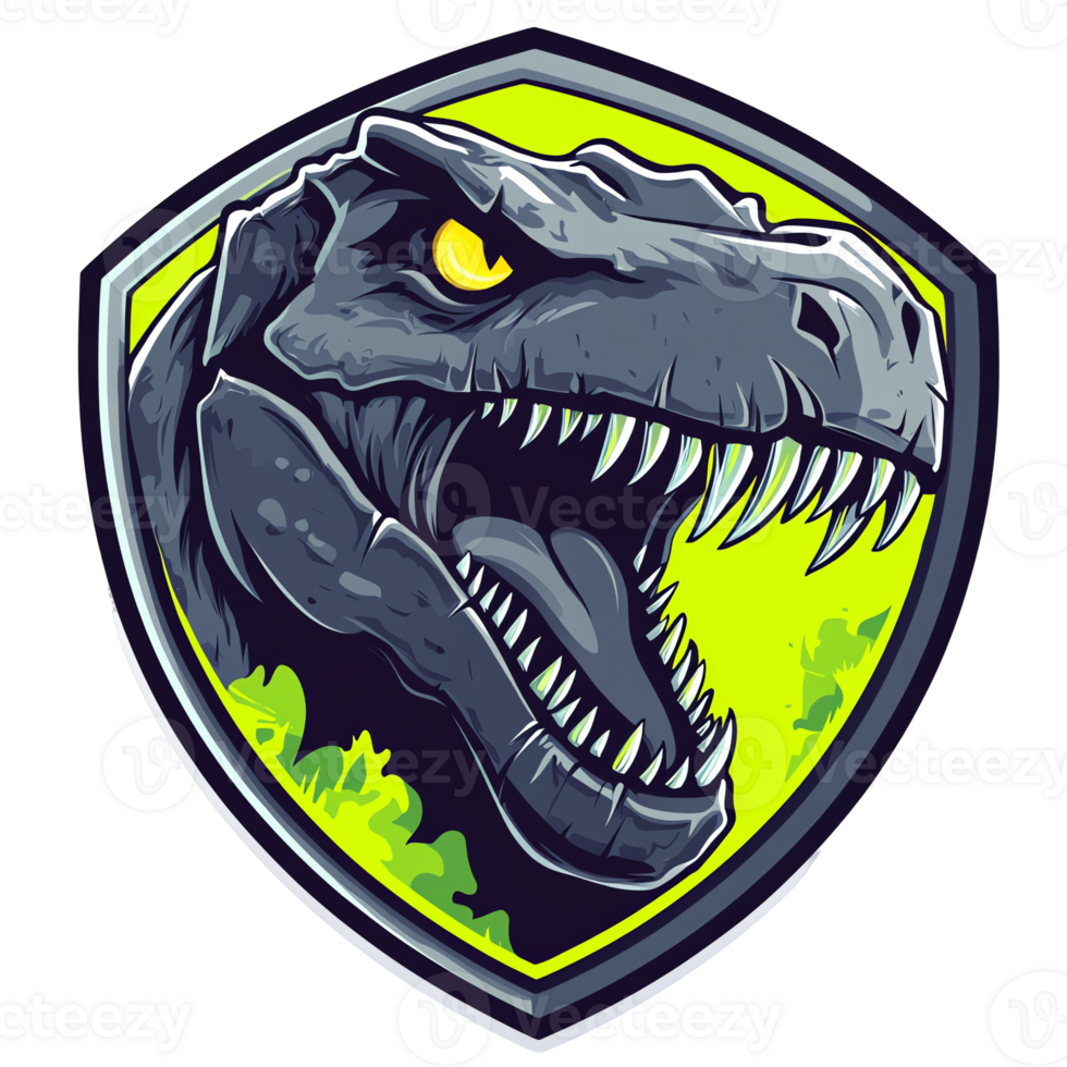 Fearsome t rex logo a powerful and fierce dinosaur shield emblem for gaming and branding png