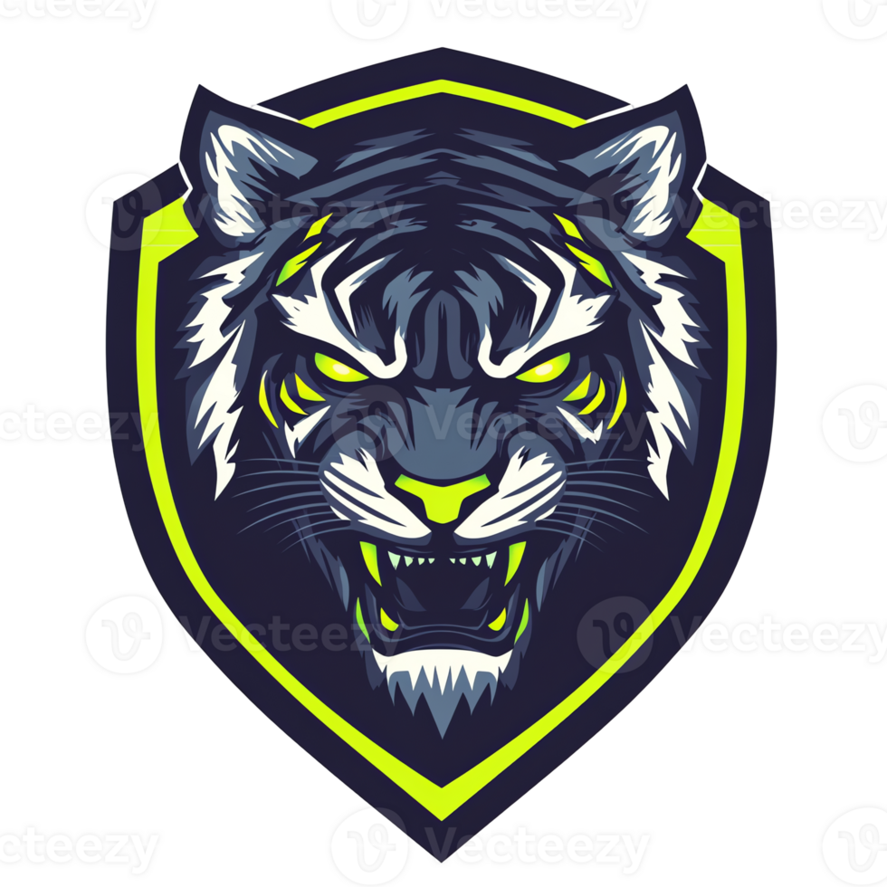 Fierce tiger head logo on shield esports gaming logo design with transparent background png