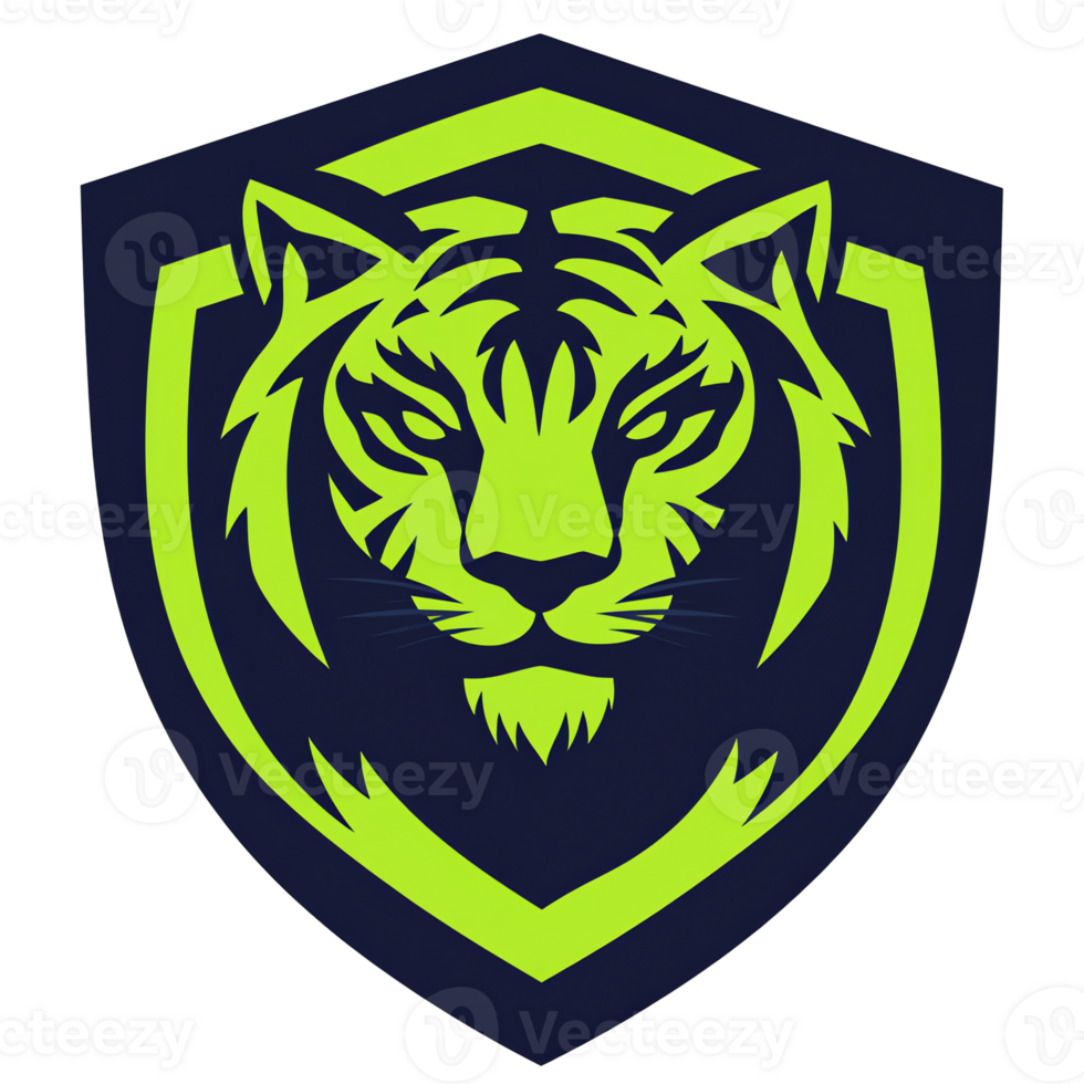 Stylized green tiger head emblem on blue shield with transparent background 100 200 characters png
