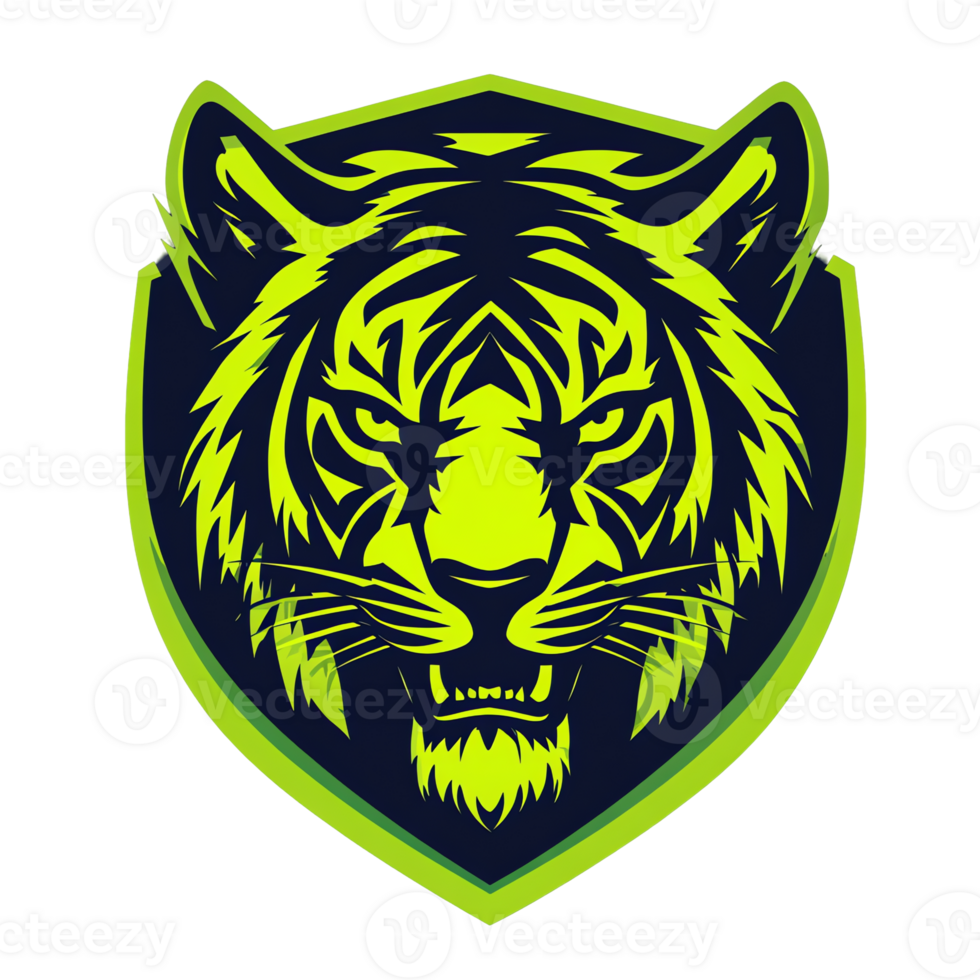 Bold and striking tiger head emblem with shield design on transparent background png
