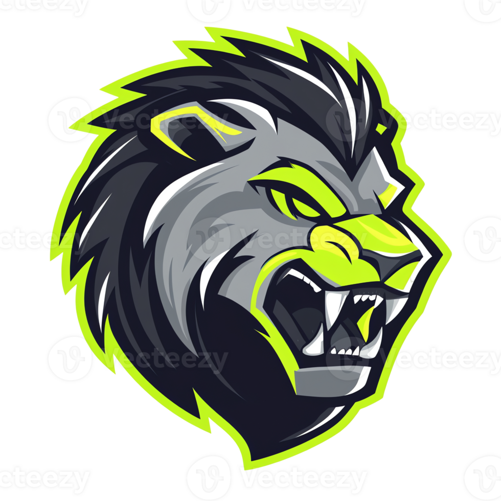 Fierce neon green and gray lion head mascot with transparent background for esports and gaming between 100 200 characters png