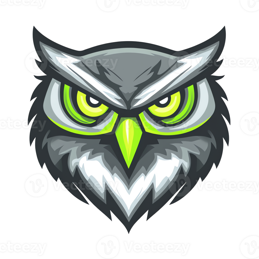 Fierce owl mascot logo design on transparent background a illustration of a powerful owl with bright green eyes png