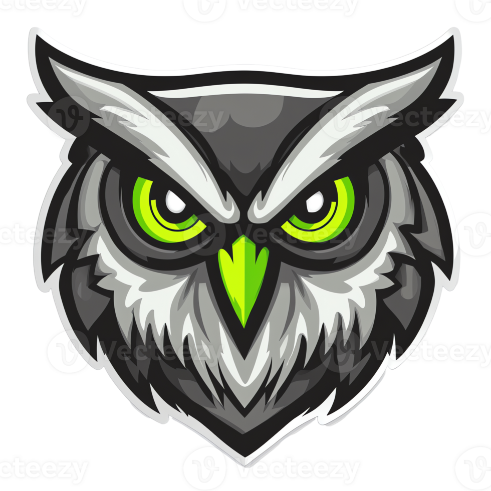 Owl mascot logo with luminous green eyes for gaming or esports team on a transparent background png