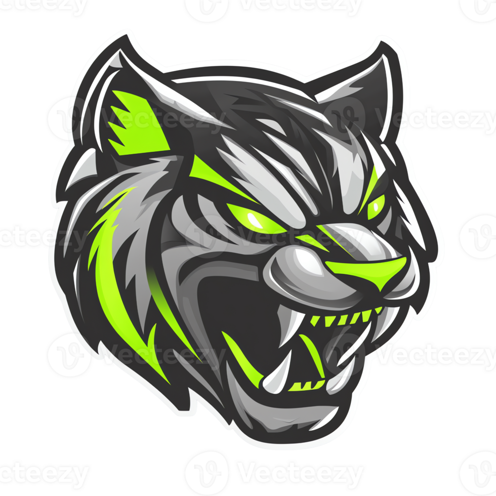 Fierce neon green and grey wildcat mascot logo with intense expression on transparent background png
