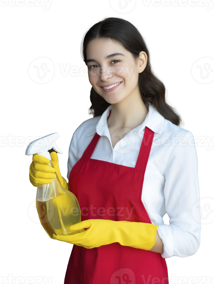 Woman in red apron and yellow gloves smiles while holding spray bottle, ready for cleaning png