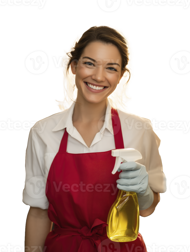 Woman in red apron smiling while holding spray bottle, wearing gloves, and standing confidently png