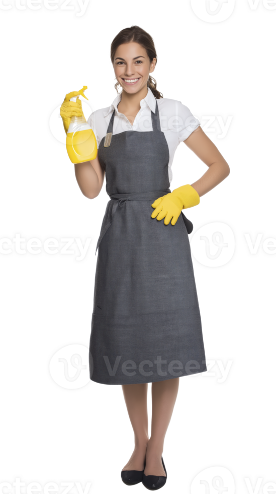 Smiling woman in gray apron and yellow gloves holds spray bottle, ready for cleaning png