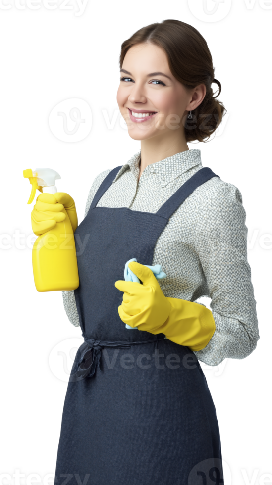 Smiling woman in cleaning uniform holds spray bottle and cloth, ready for work png