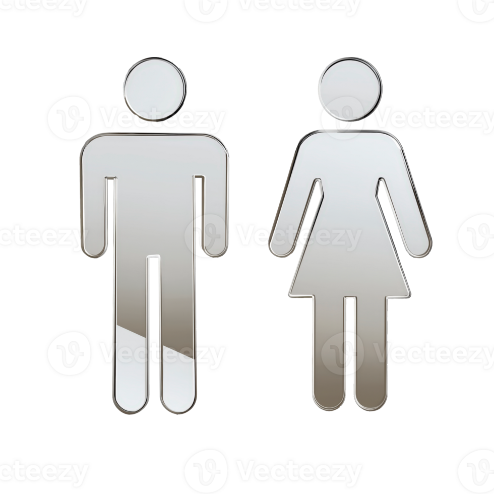 Male and female restroom symbols in silver on transparency background png