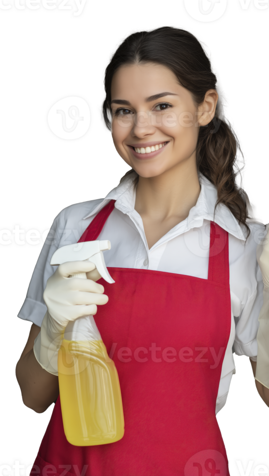 Woman in red apron smiling while holding spray bottle, wearing gloves, ready for cleaning png