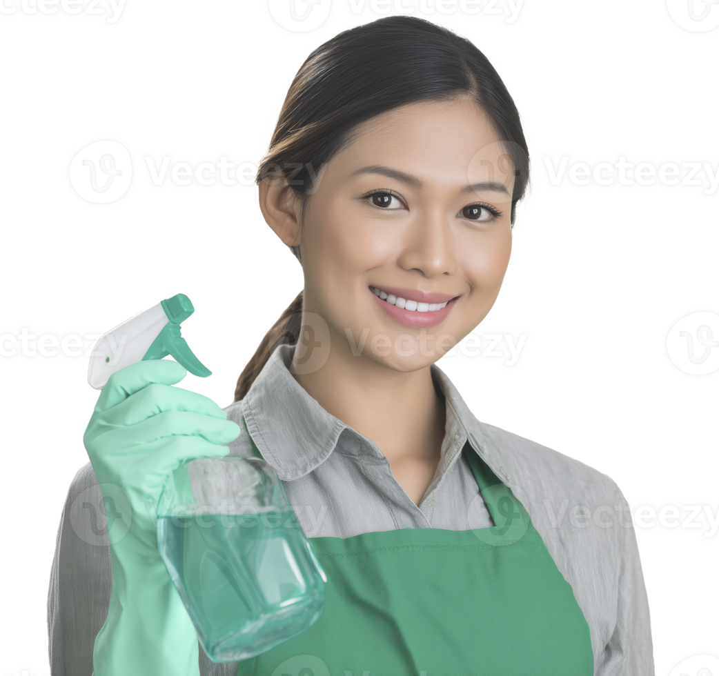 Smiling woman wearing green apron and gloves holds spray bottle, ready for cleaning png