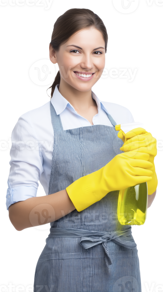 Smiling woman in apron and gloves holding cleaning spray, ready for work png