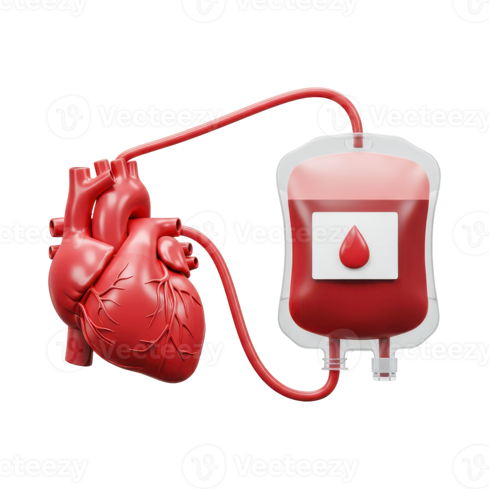 A blood bag with a red drop symbol is connected to a heart, visually representing blood transfusion png