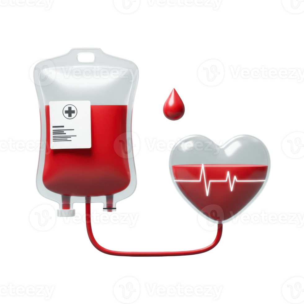 A blood bag connected to a heart shape with a lifeline, symbolizing donation and vitality isolated background png