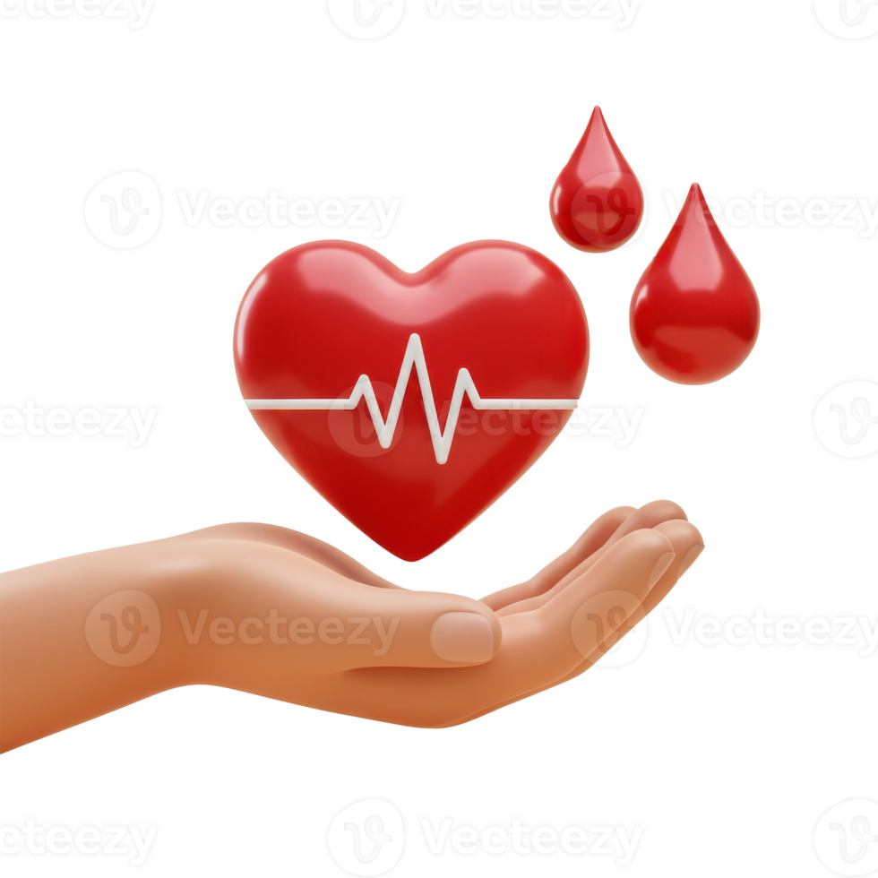A hand gently holds a red heart with a white heartbeat line isolated background png