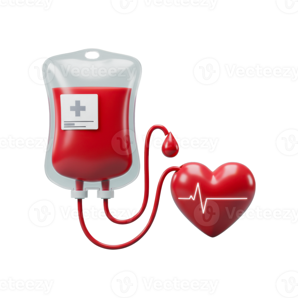 Red liquid in a transparent bag, linked to a heart with a pulse, blood donation isolated background png