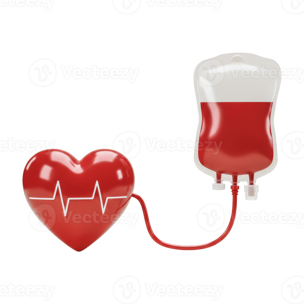 Conceptual illustration of blood donation process, showing a heart linked to a blood collection bag via a red, curving tube isolated background png