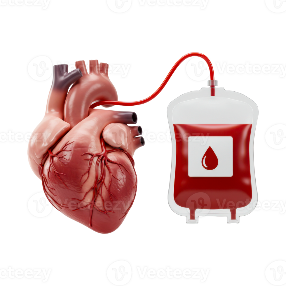 A realistic human heart connected to a blood bag with a red tube, illustrating the process of blood transfusion png