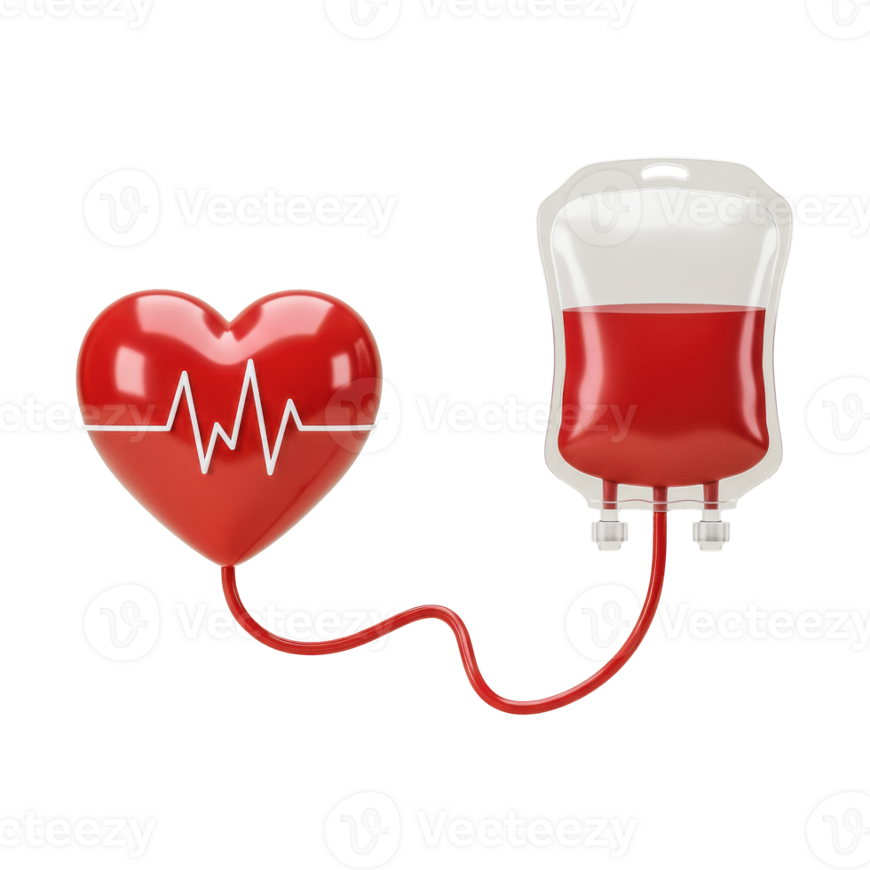 A stylized heart with an EKG line is connected by a red tube to a blood bag partially filled with red liquid isolated background png