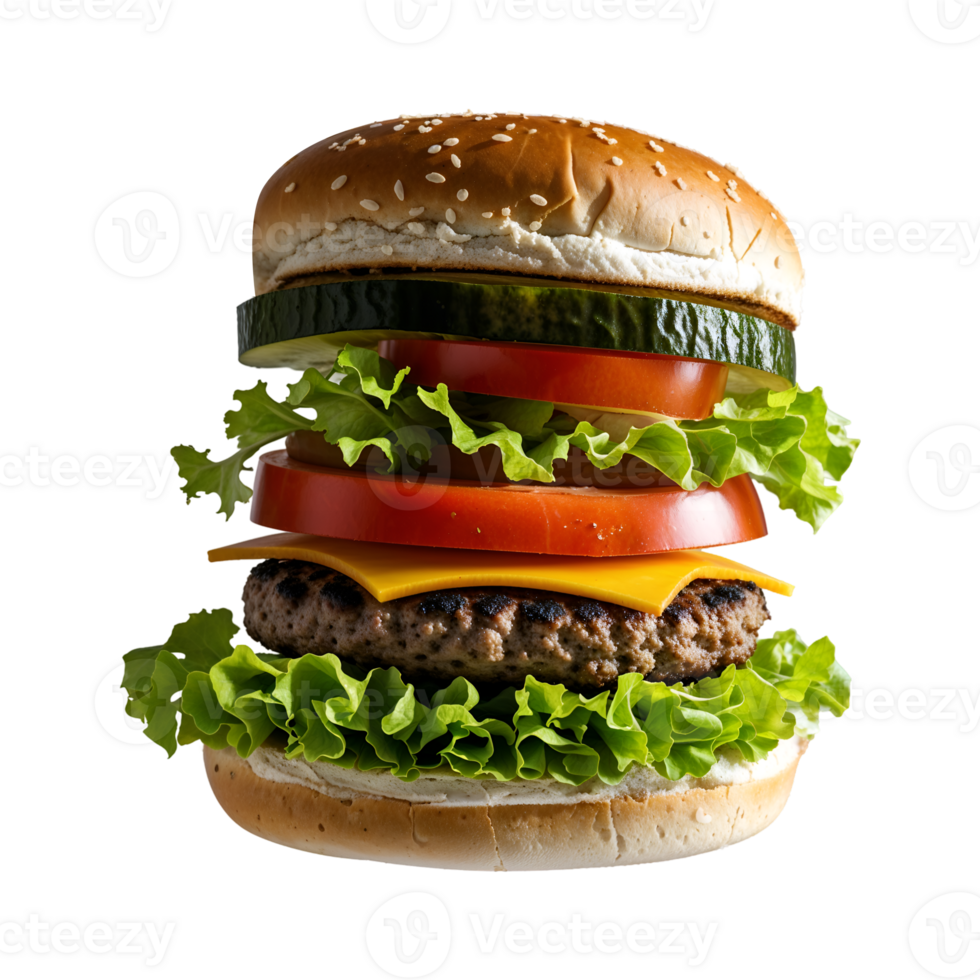 Delicious hamburger with fresh vegetables and cheese isolated close up view png