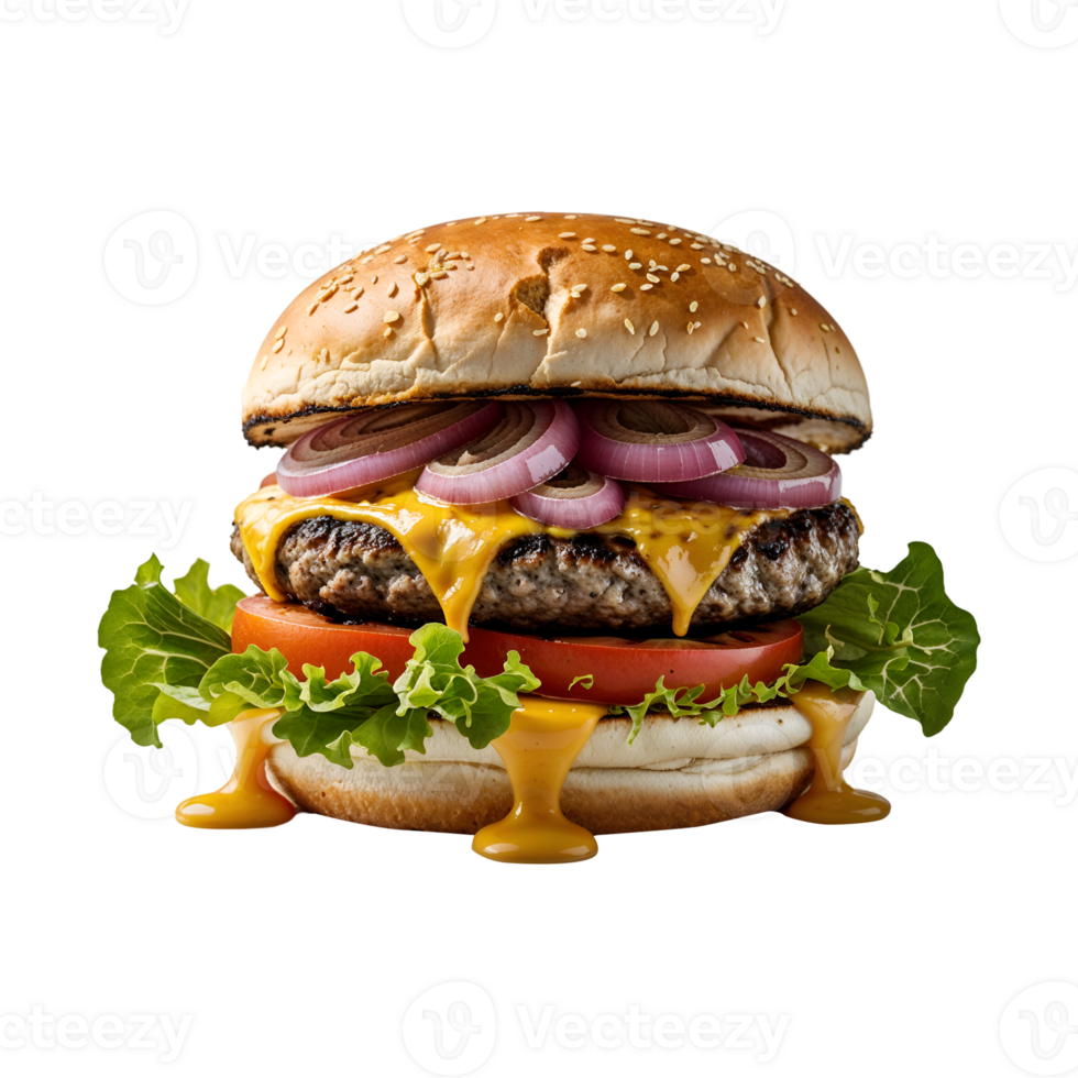 Delicious cheeseburger with red onion tomato and lettuce on a sesame seed bun png