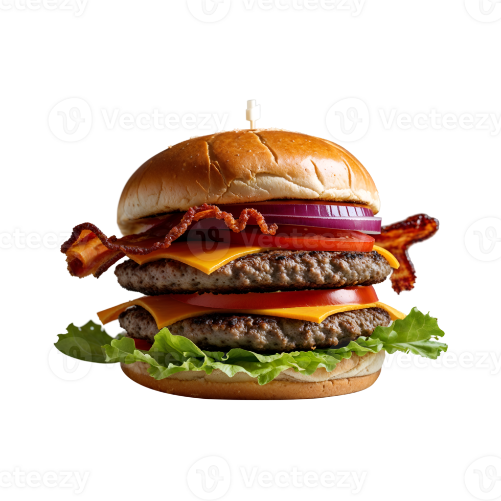 Delicious double cheeseburger with bacon lettuce tomato onion and cheese png