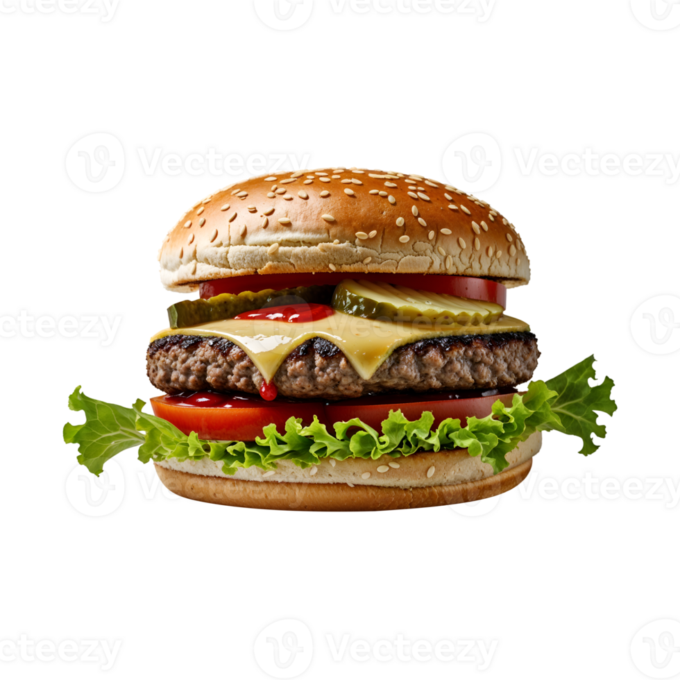 Appetizing beef burger featuring cheese lettuce tomato and pickles on sesame bun png