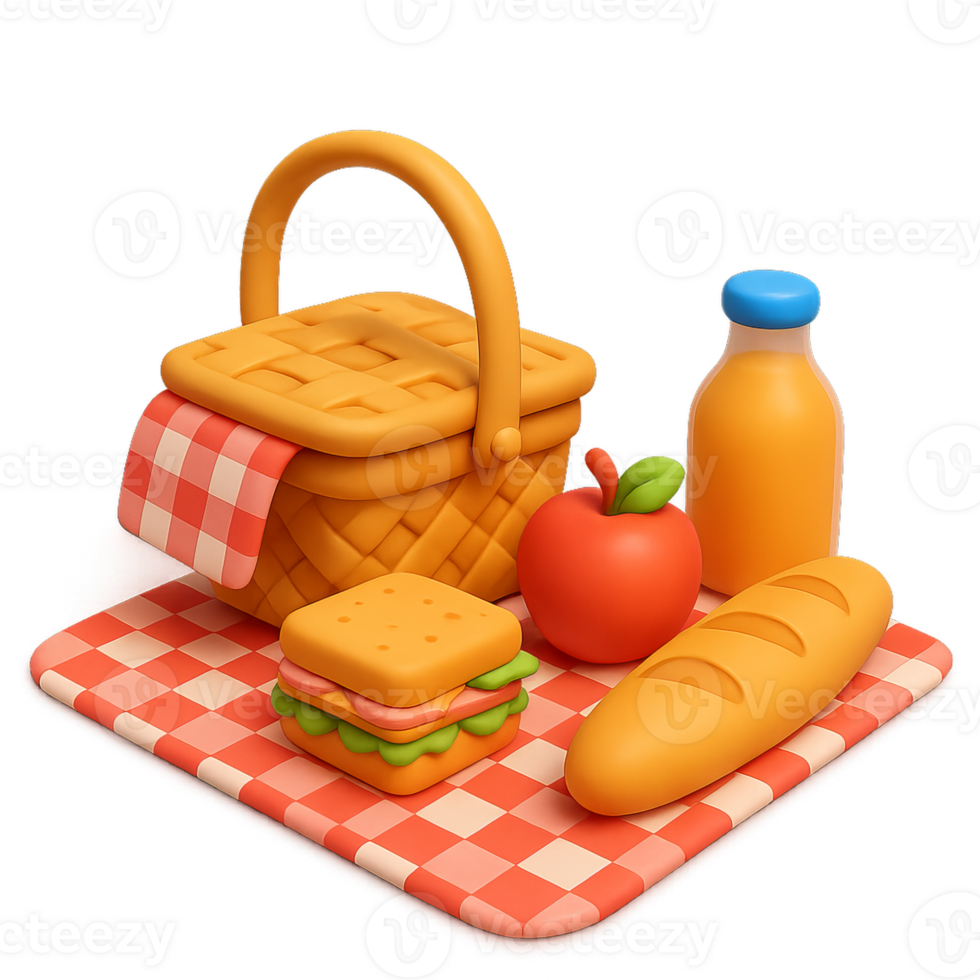 Cartoon Picnic Setup with Basket, Food Items, and Blanket Design png