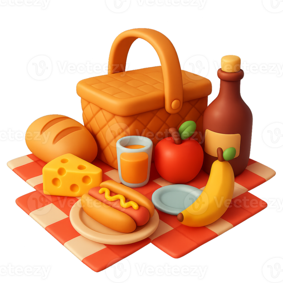 Cartoon Style Picnic Setup with Food Items and Basket on Blanket png