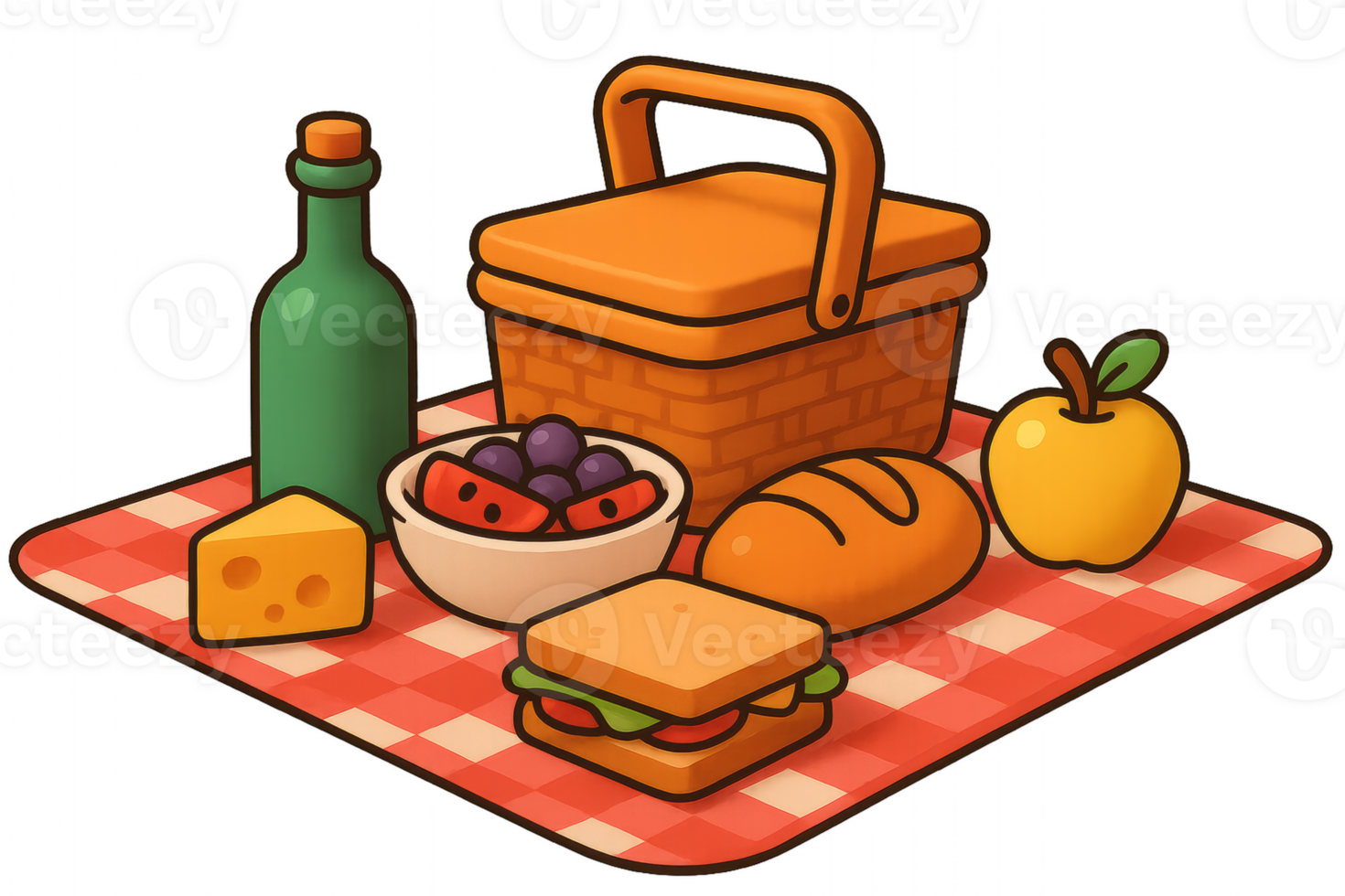 Cartoon 3D Picnic Set with Food and Basket on Red Checkered Cloth png