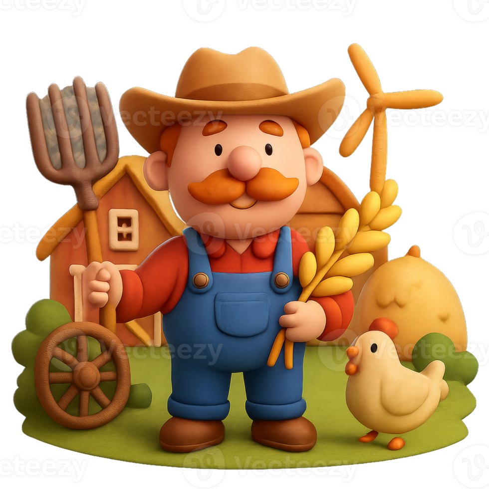 Cartoon Farmer with Crops and Chicken in a Simple Country Scene png