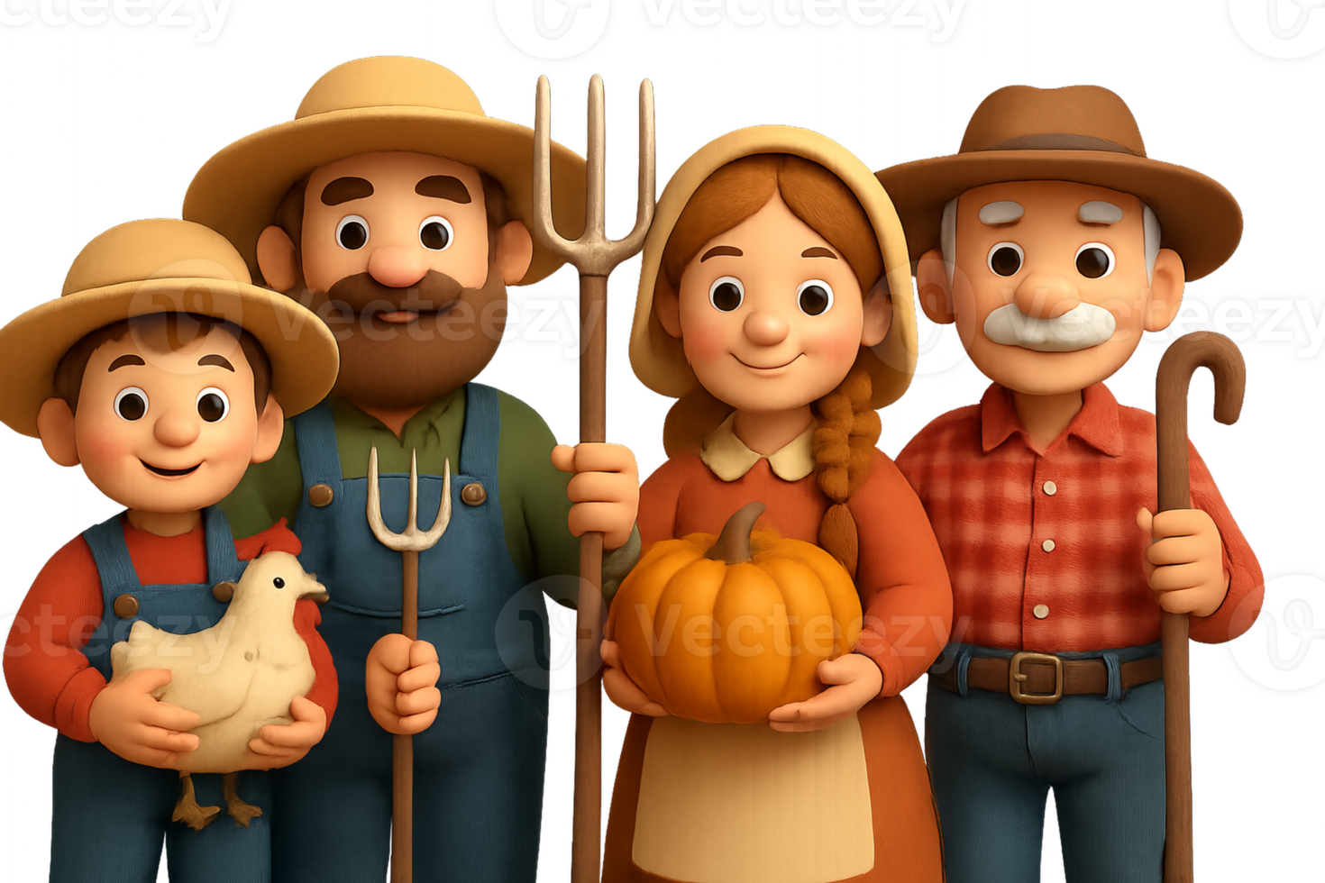 Cartoon Family on Farm with Tools and Pumpkins in Simple Art Style png