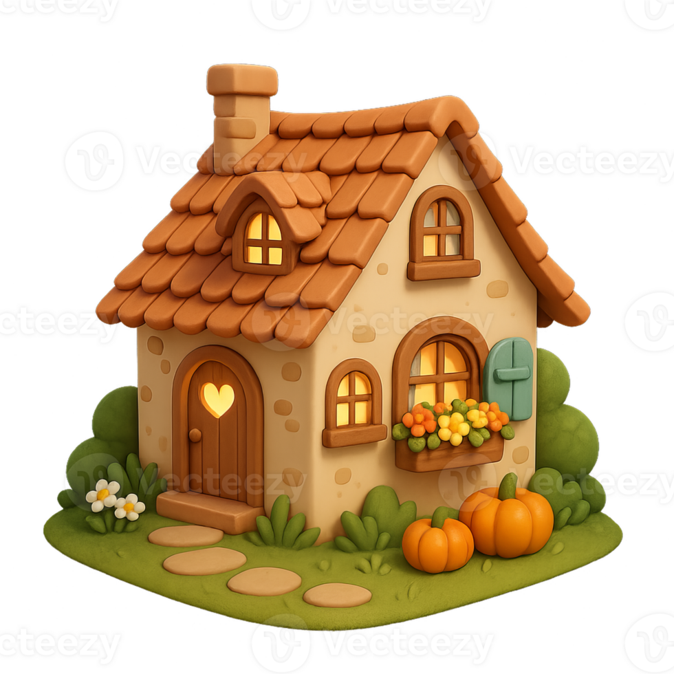 Charming Cartoon Cottage Surrounded by Flowers and Pumpkins png