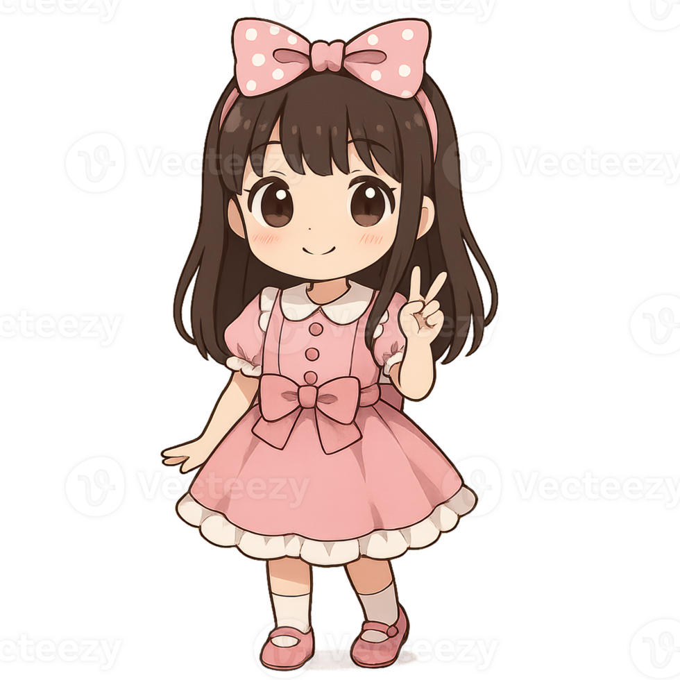Cute Kawaii Girl in Pink Dress with Bow and Peace Sign Gesture png