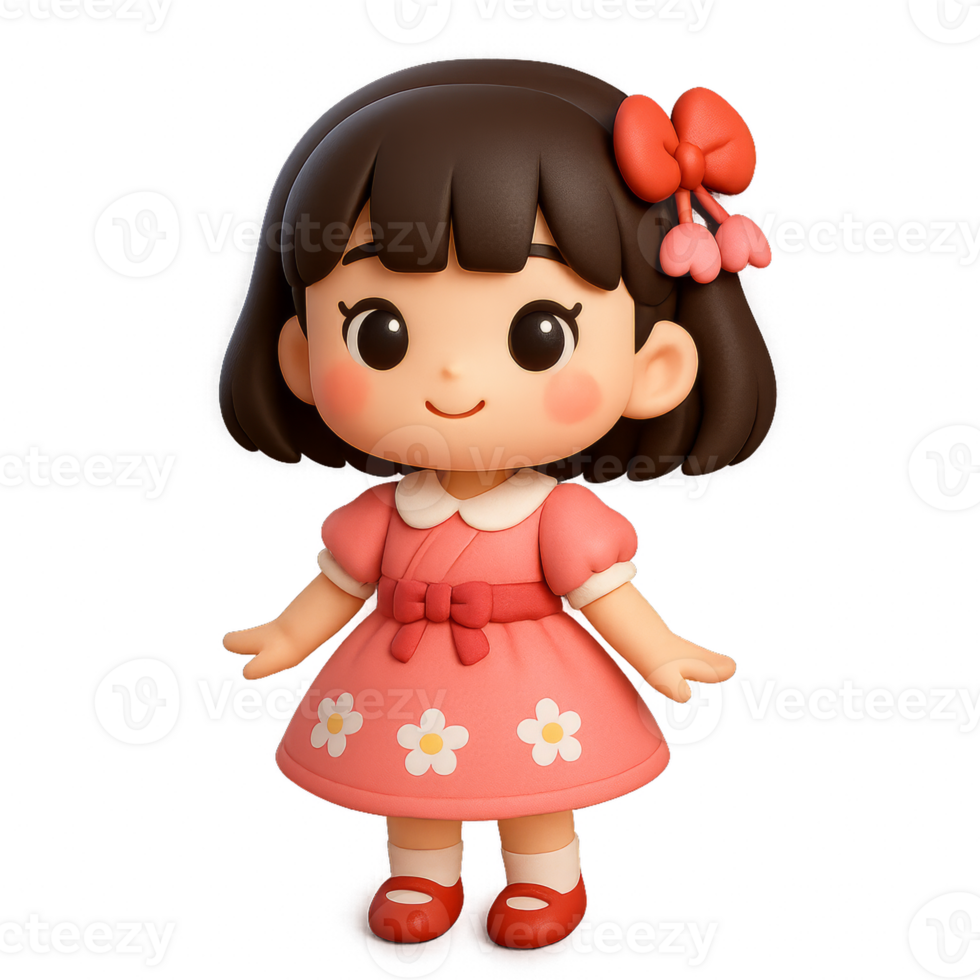Cute 3D Girl Character with Bow and Dress in Kawaii Style png
