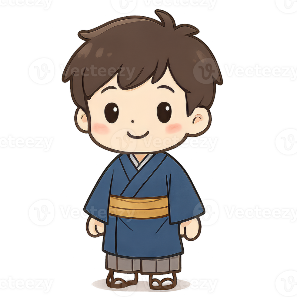 Adorable Boy in Kimono with Kawaii Style and Simple Design png