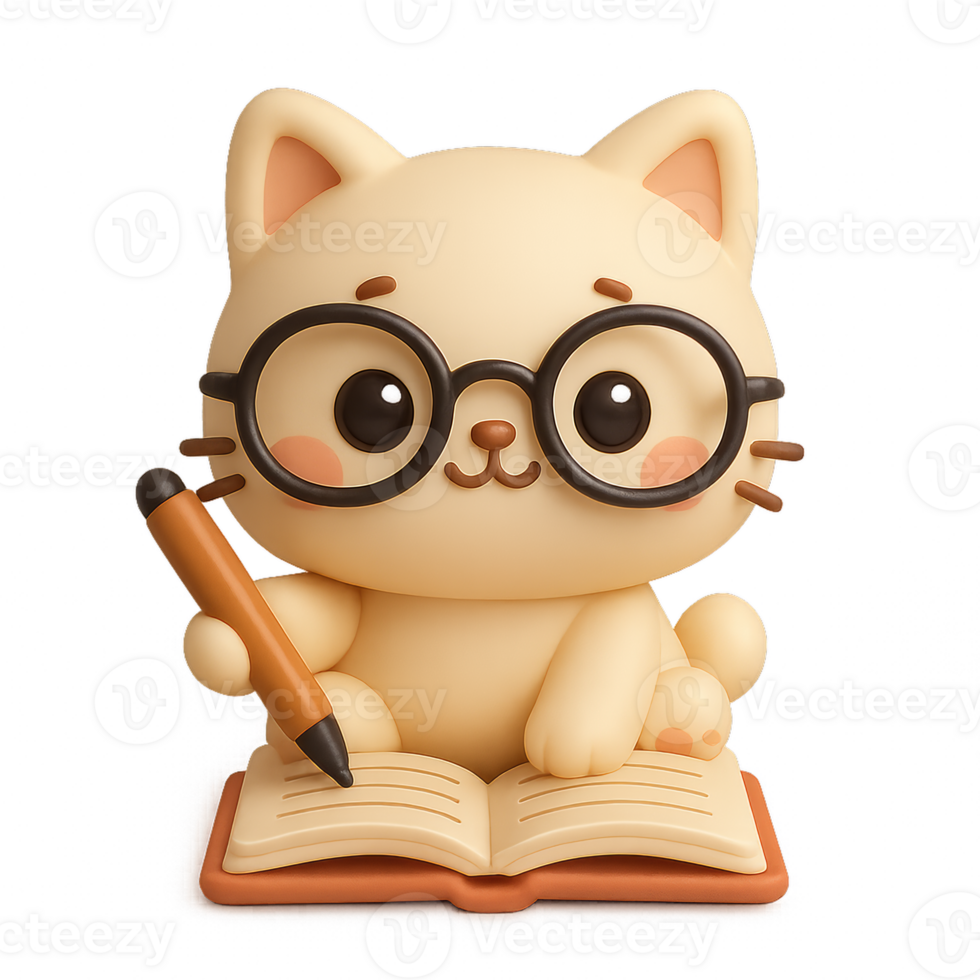 Cute Kawaii Cat Scholar Writing in Notebook with Glasses Illustration png