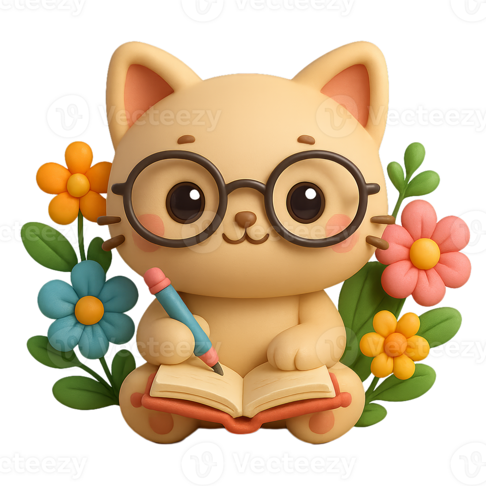 Cute Kawaii Cat with Glasses Surrounded by Colorful Flowers png