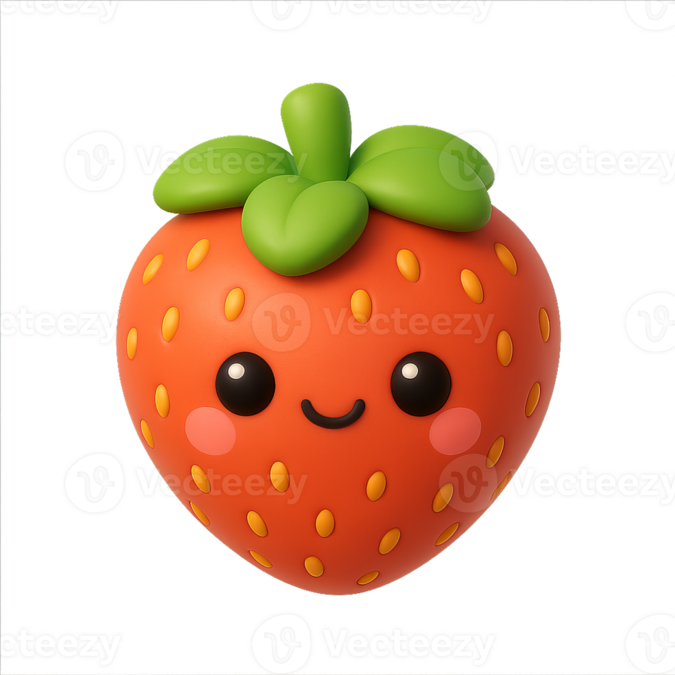 Cute Kawaii Style 3D Strawberry Character with Smiling Face png