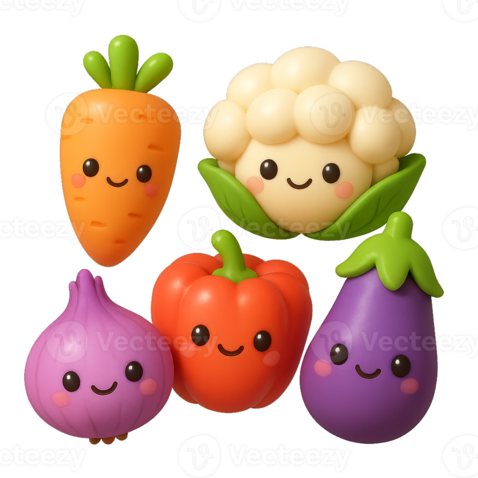 Cute 3D Vegetables with Kawaii Faces for Fun Illustrations png