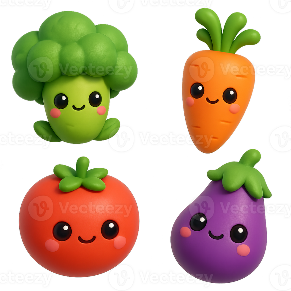 Cute 3D Kawaii Vegetables with Smile Faces and Bright Colors png