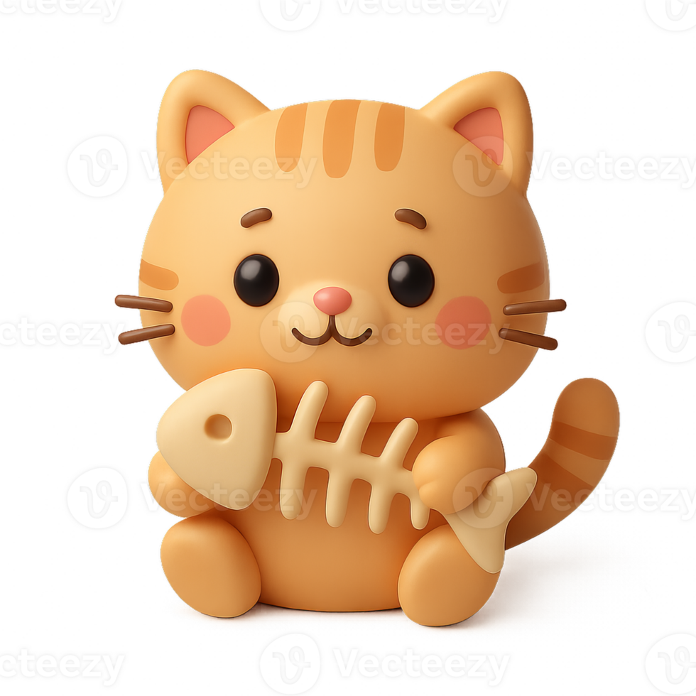 Adorable 3D Kawaii Cat Holding a Fish Toy in Simple Style png