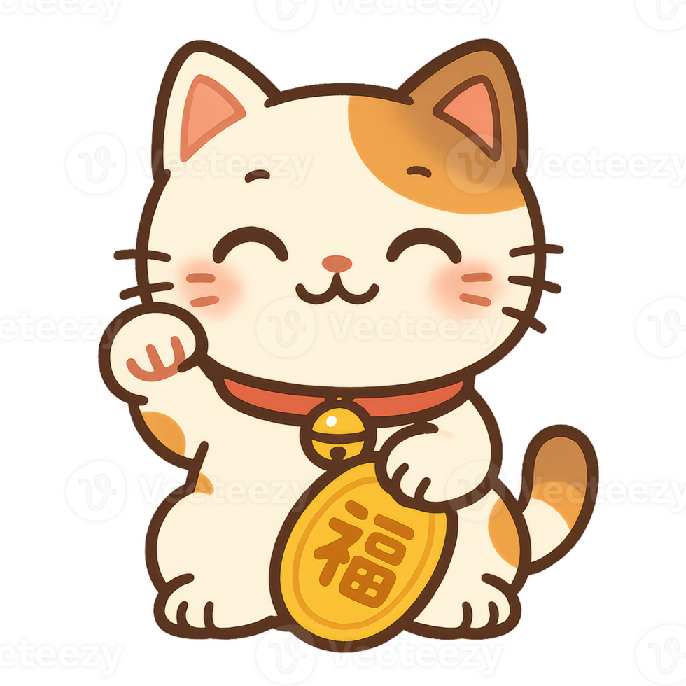 Cute Maneki Neko Cat Character with Bell and Lucky Coin Design png